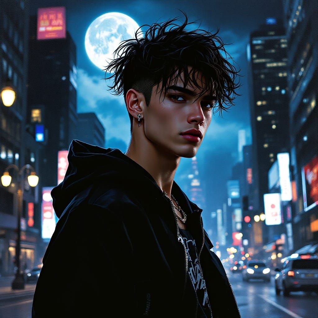 Dramatic Latino Youth in Edgy Streetwear, Under Moonlit City...