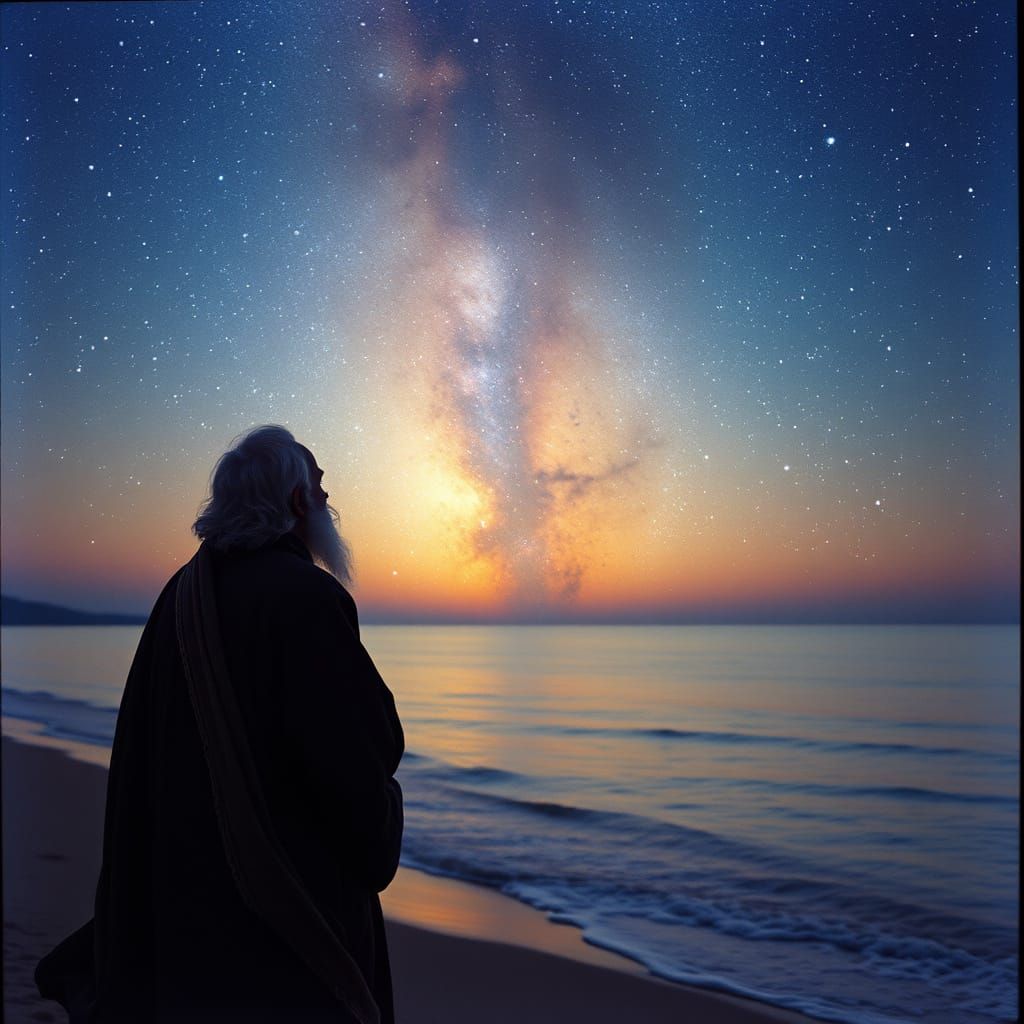 Ancient Sage Contemplates Celestial Wonders at Sunset