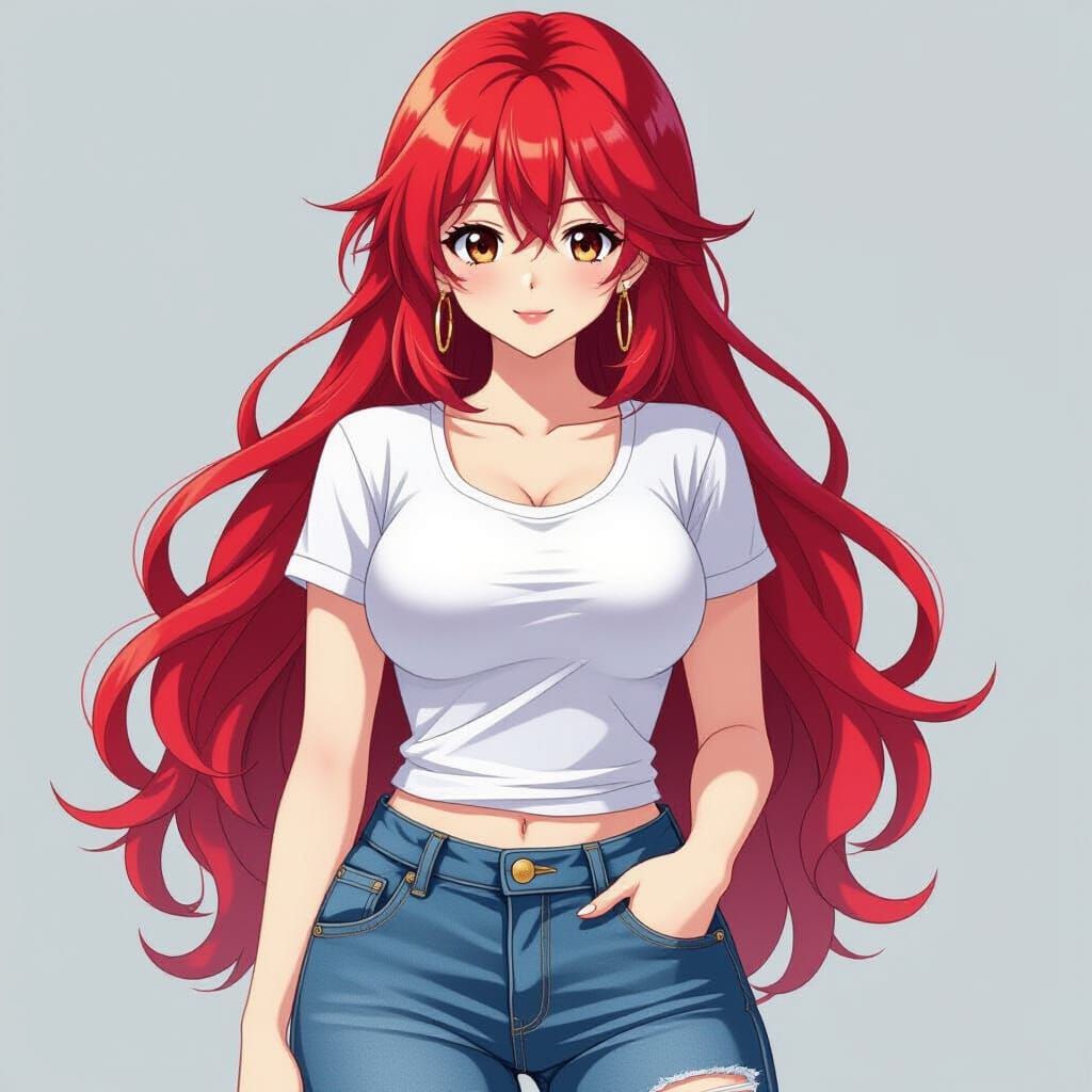 Anime Woman with Red Hair and Curvy Figure