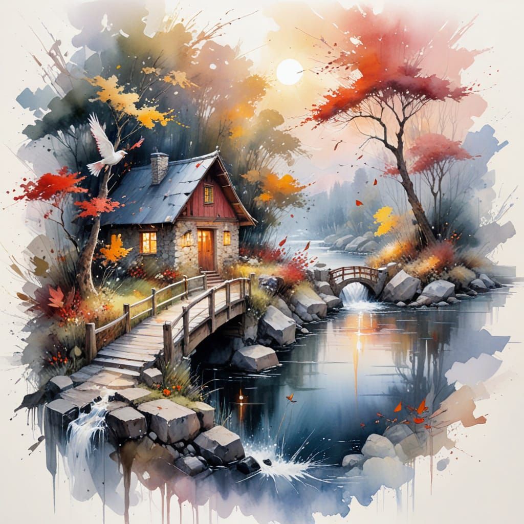 Picturesque Autumn Landscape with Rustic House in Watercolor