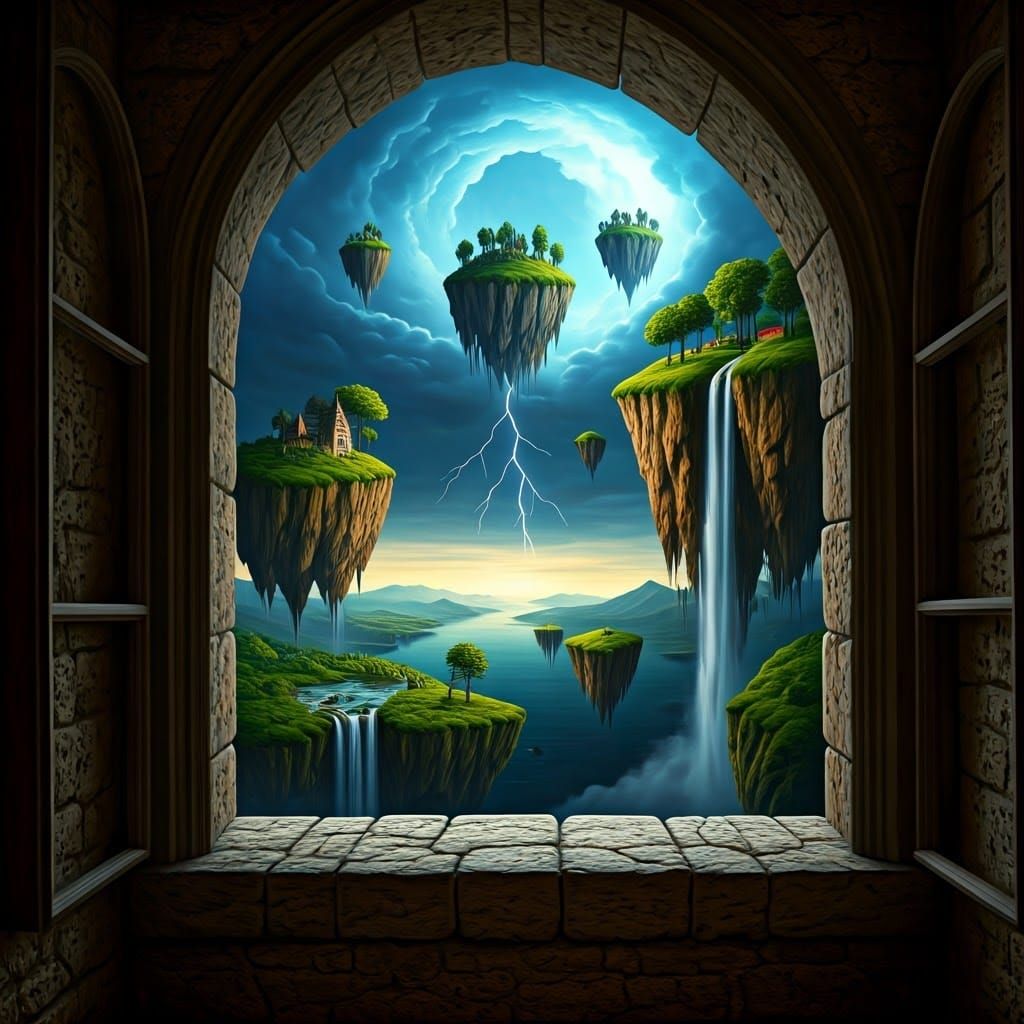 Surreal Castle Window View of Floating Islands