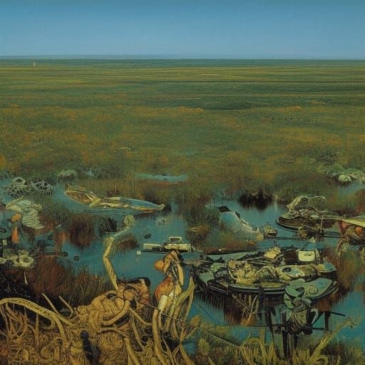 Venusian Intelligentsia in Sci-Fi Swamp Landscape