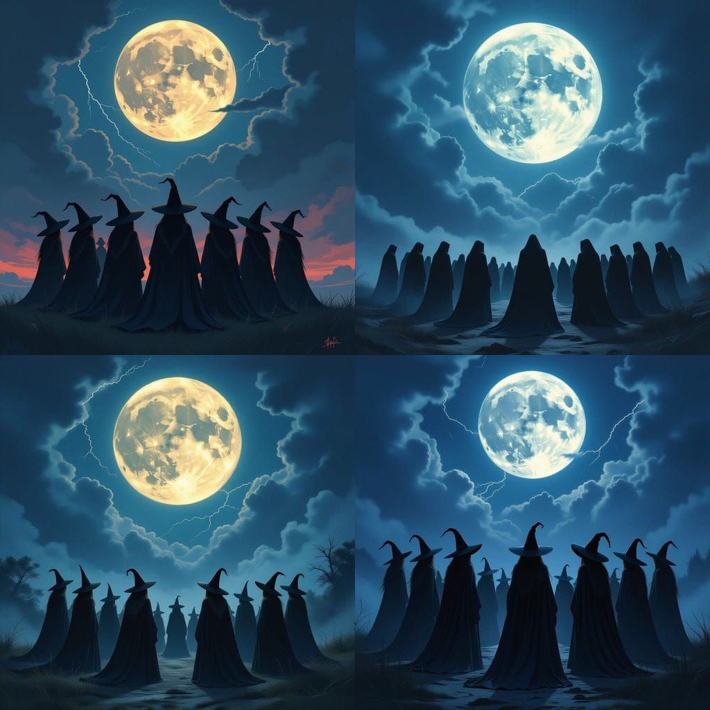 Witches Fly Through a Moonlit Thunderstorm