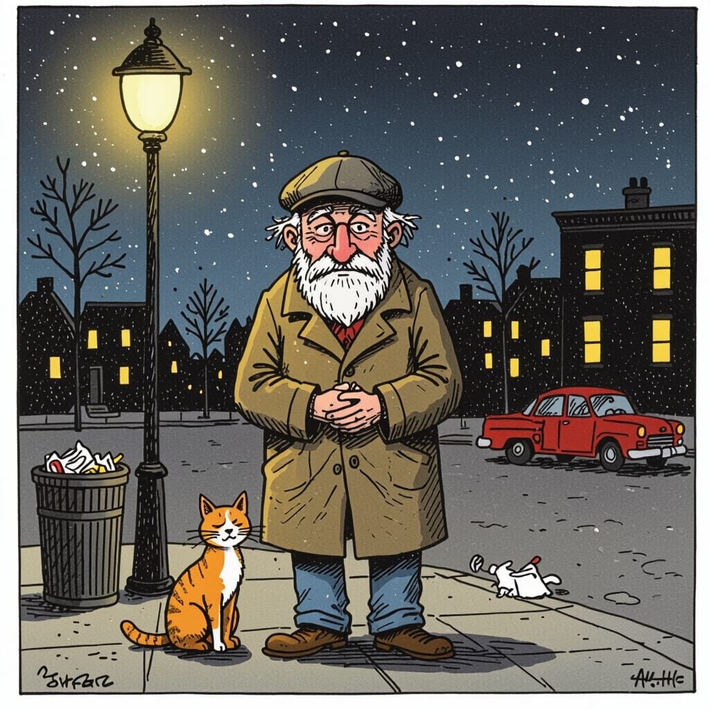 Happy Older Man With Cat on Night Street