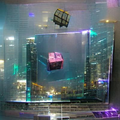 Cyberpunk Cube Floating on Glass