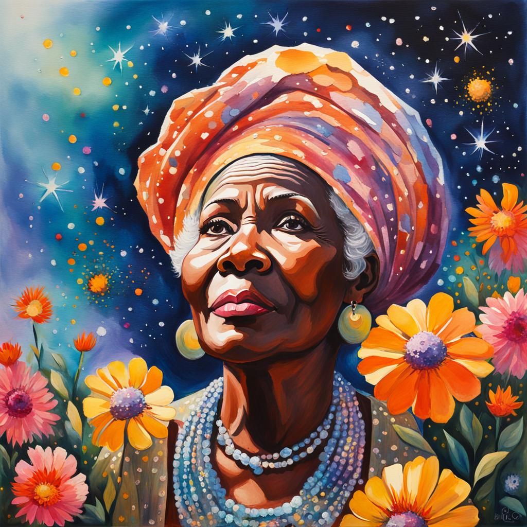 Impressionist Woman in Space with Flowers and Stars