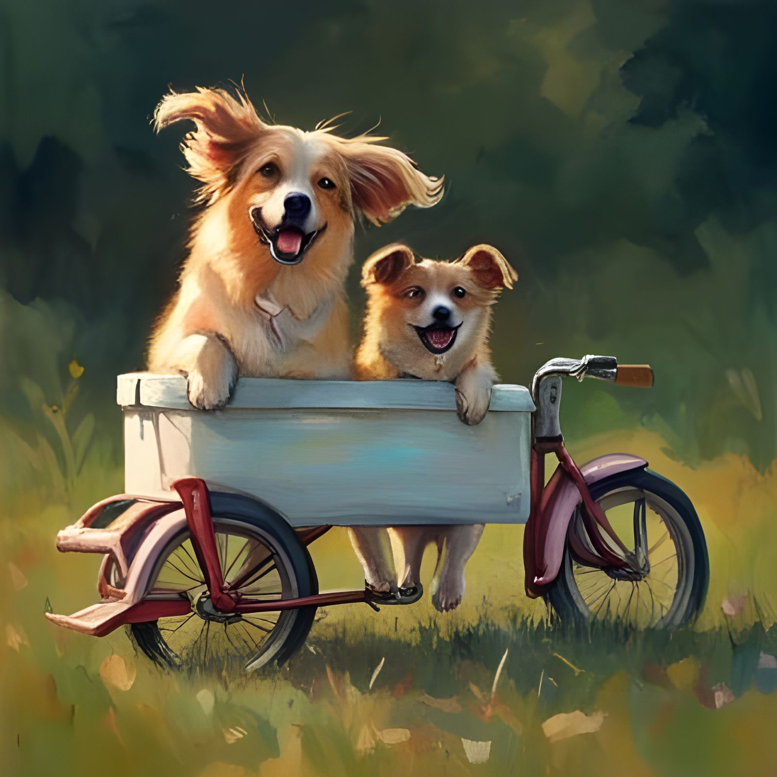 Dogs in Wagon: Oil Painting Style