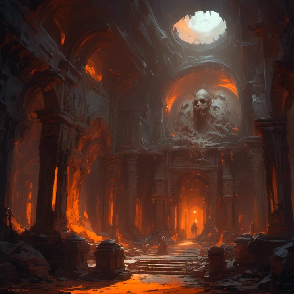 Sinister Ancient Crypt with Orange Glow