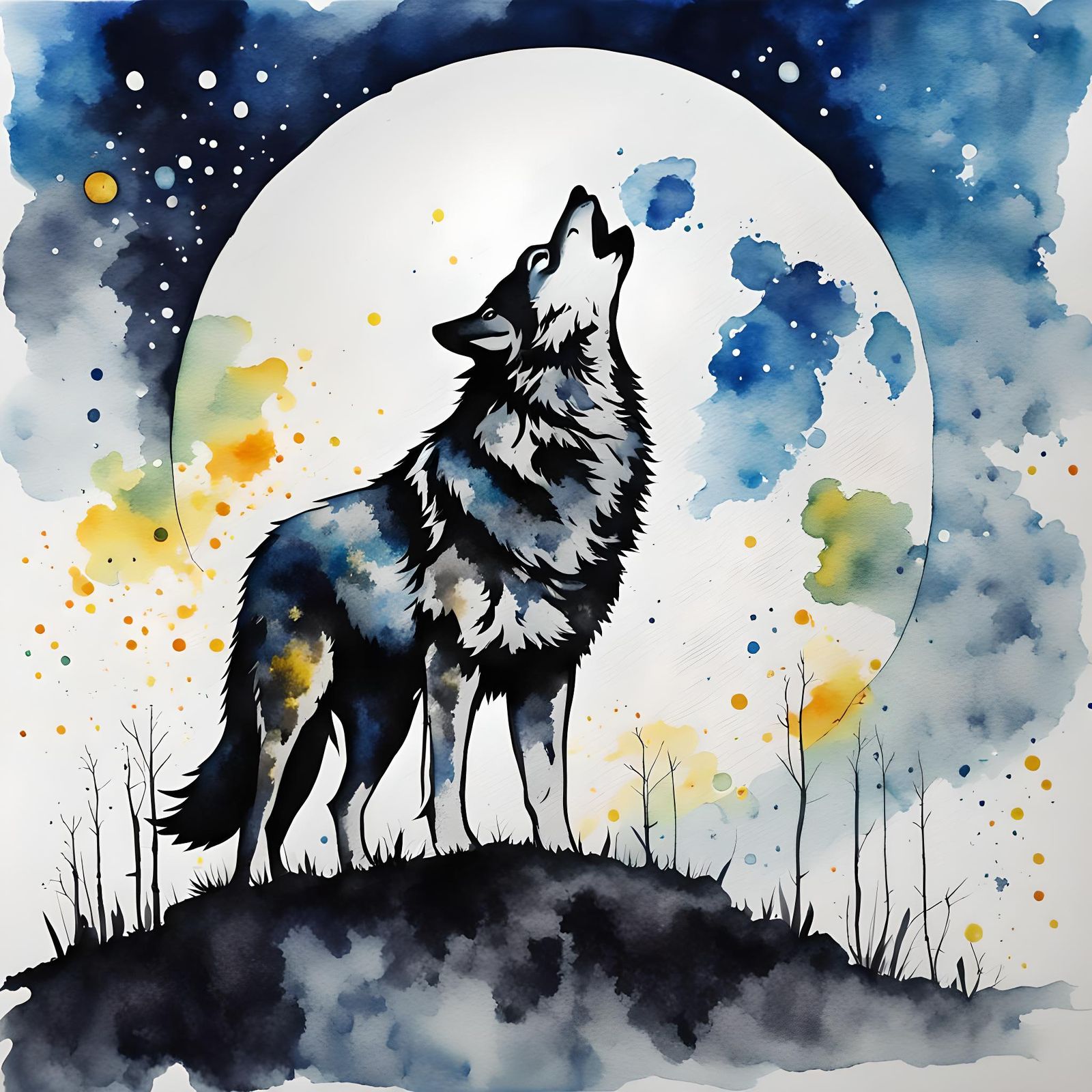 Wolf Howling at Moon in Watercolor Ink Splatter