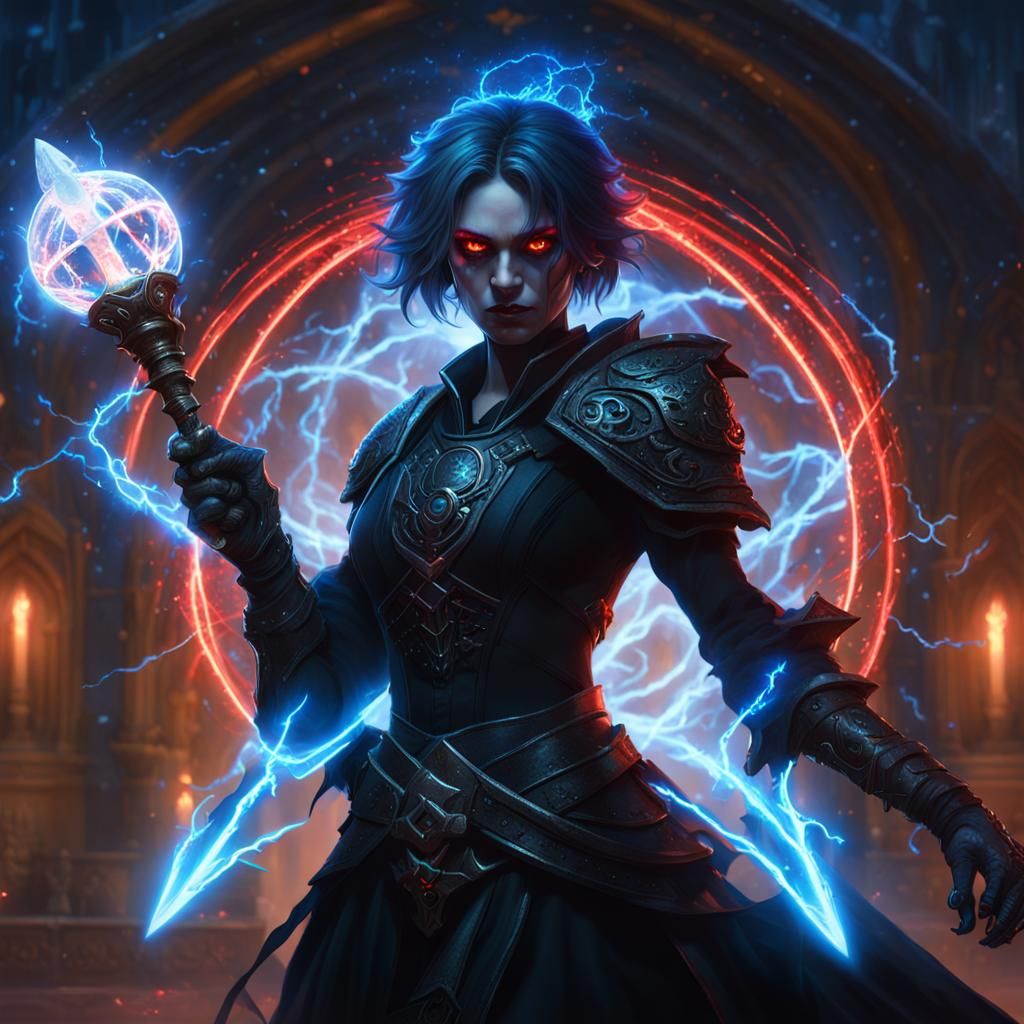 Dark Female Mage with Red Eyes and Magic