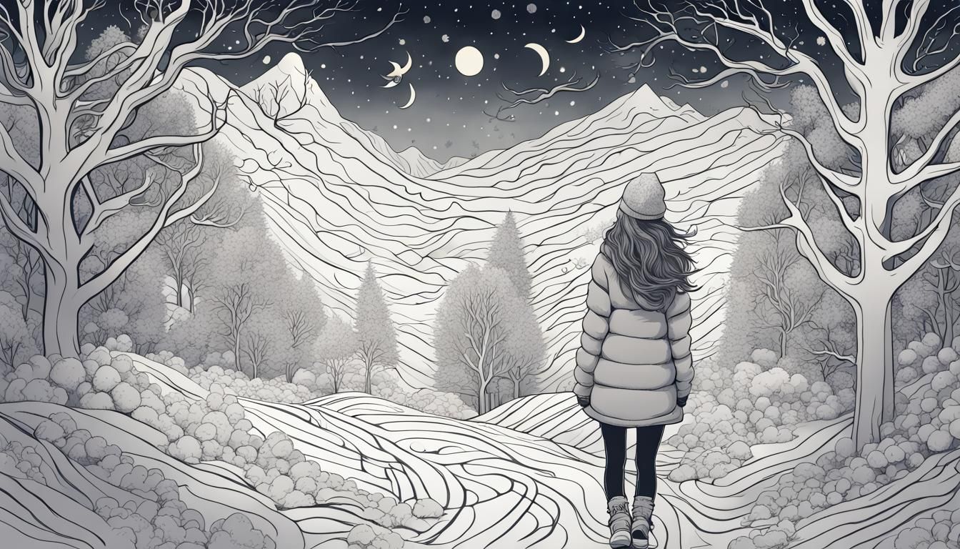Chaotic Line Art of Girl in Winter Night