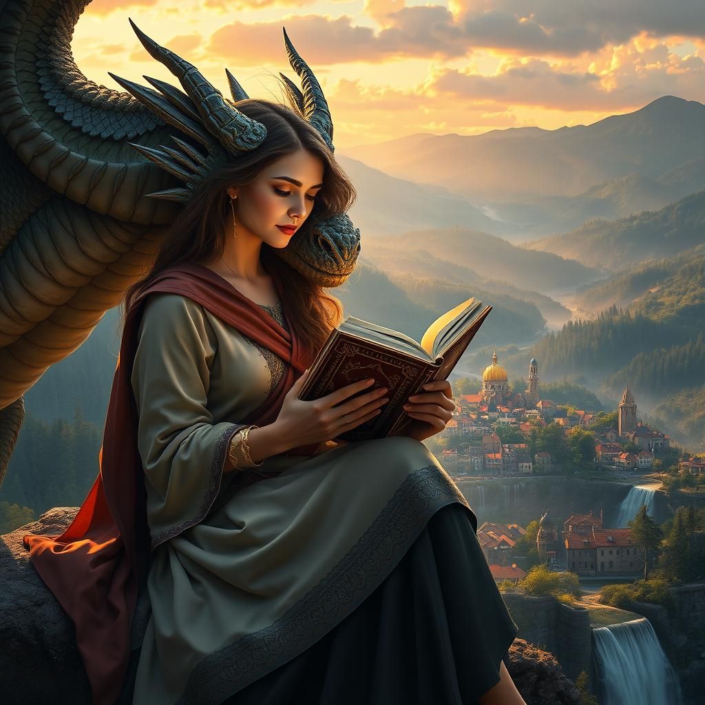 Woman Reads to Dragon in Art Nouveau Style