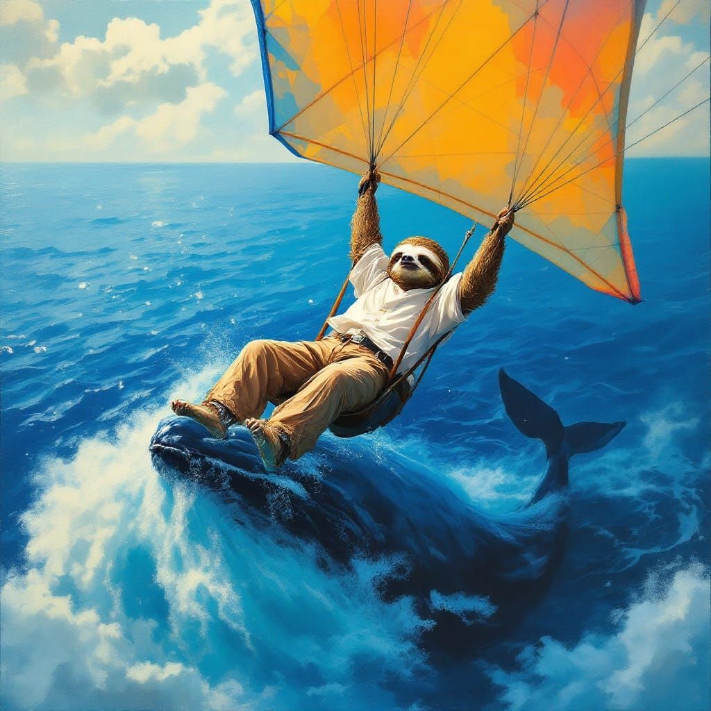 Sloth and Blue Whale Soar in a Dreamlike Oceanic Landscape