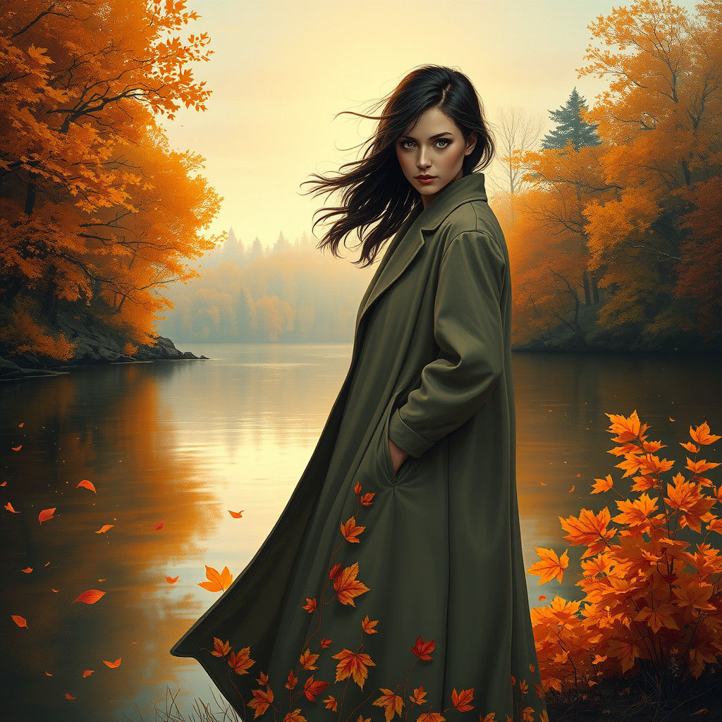 Autumn Woman at Twilight Lake: Digital Splash Art