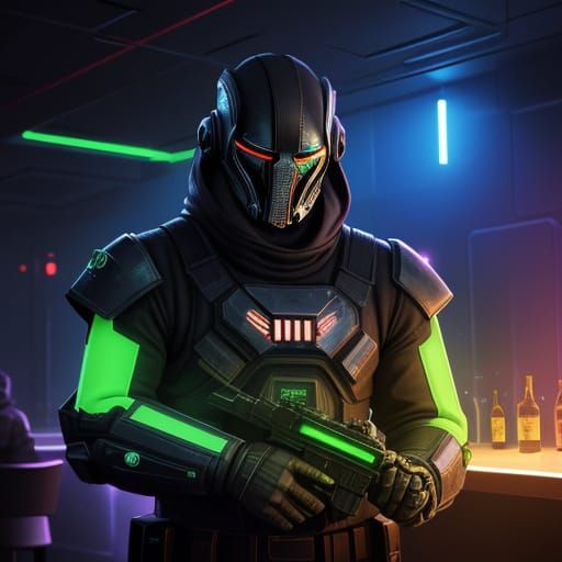 Cyberpunk Bounty Hunter Confronts Alien Gambler in Futuristi...