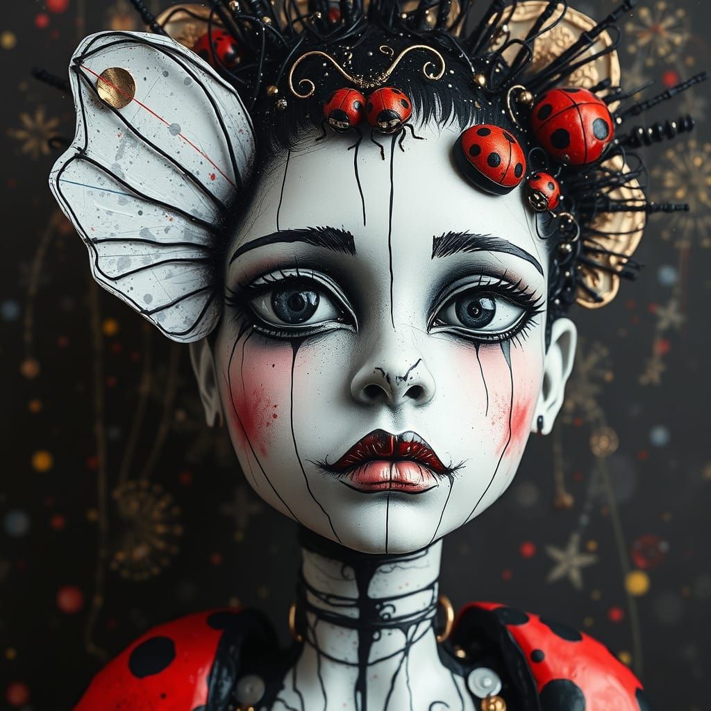 Surreal Ink Doll Portrait with Ladybug, Metallic Finish