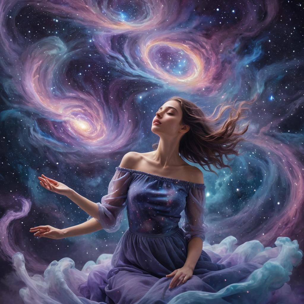 Ethereal Woman Floating Among Stars in Dreamlike Painting