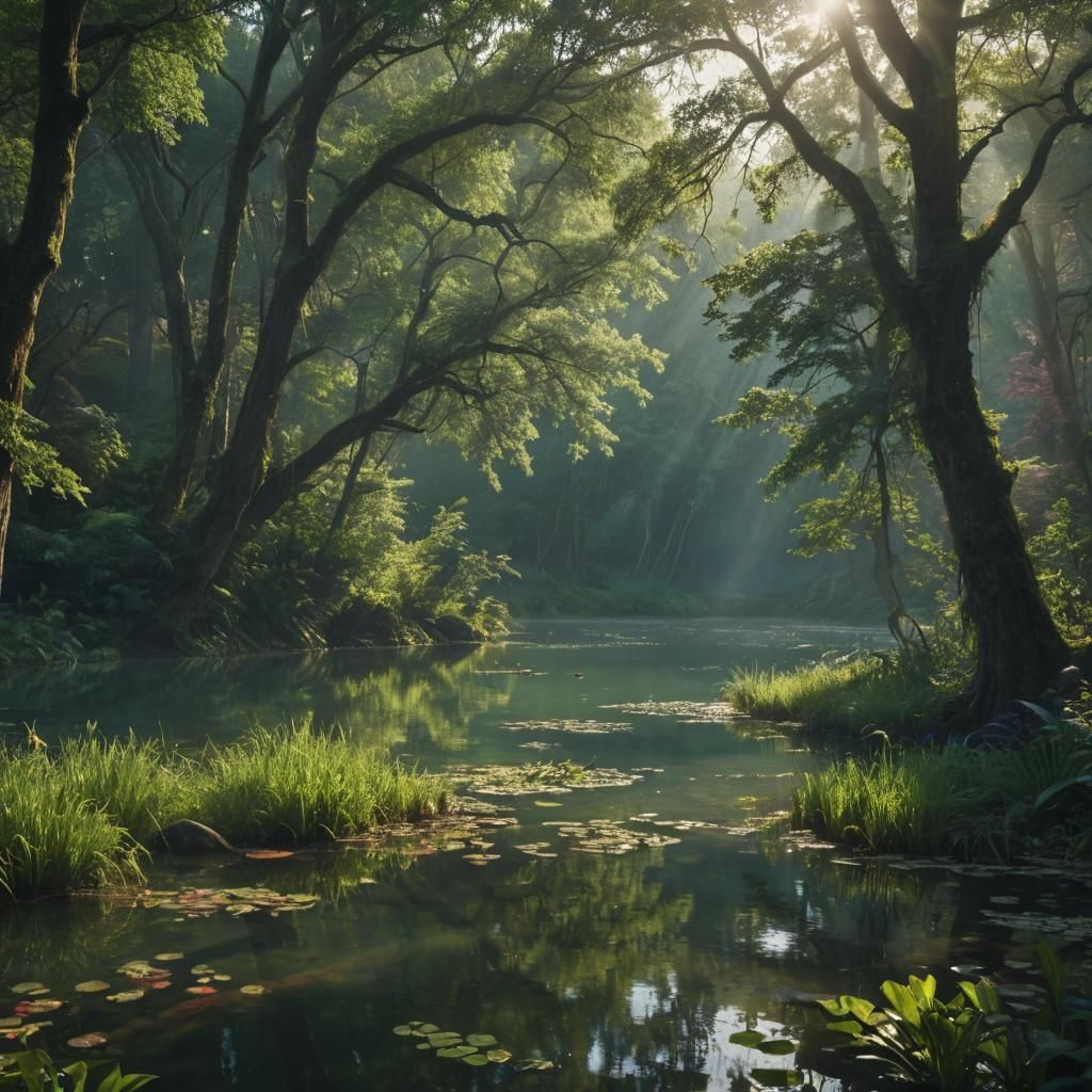 Lush Pond Reflecting Sunlight in a Maximalist Landscape