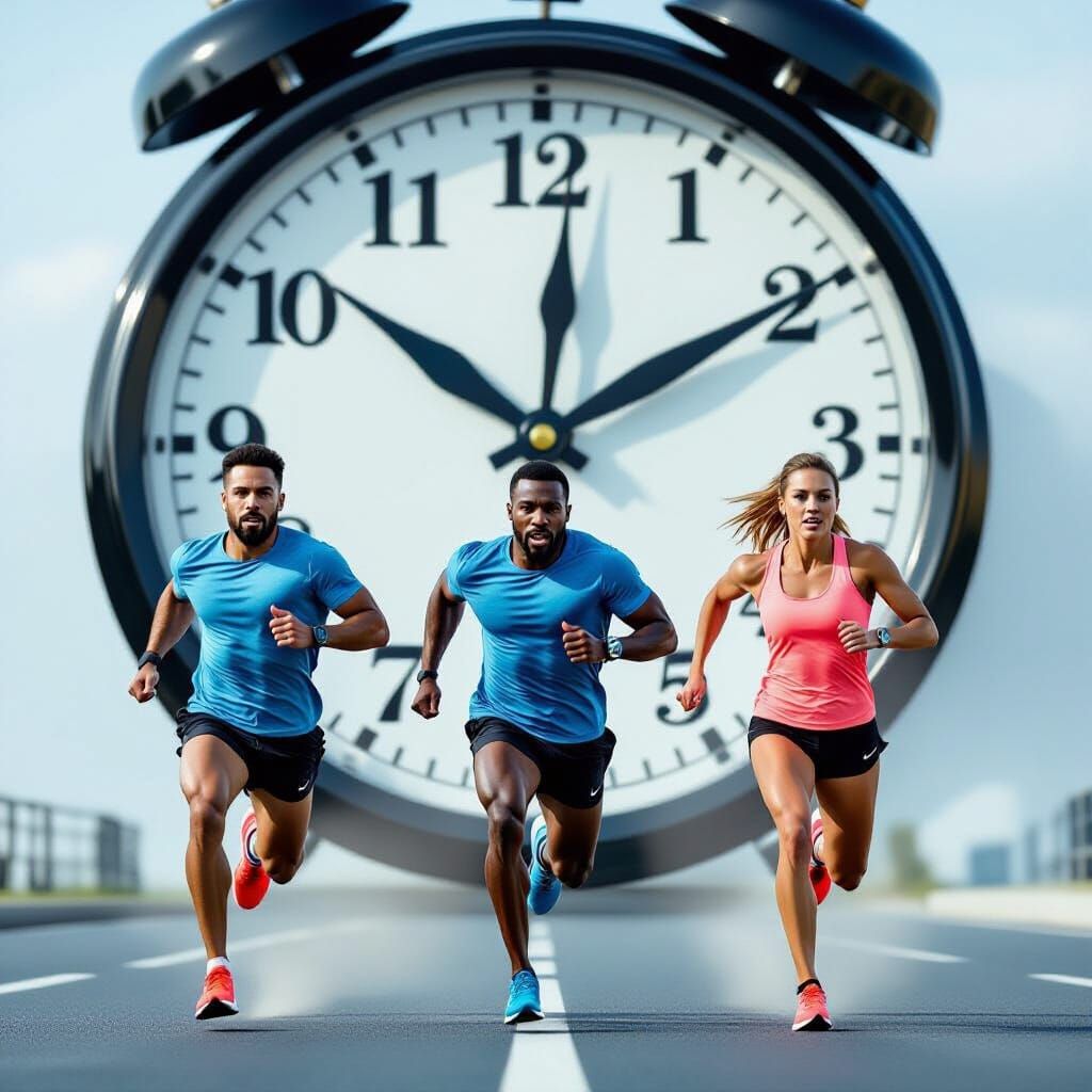 Athletes Sprinting After a Giant, Fast-Moving Clock