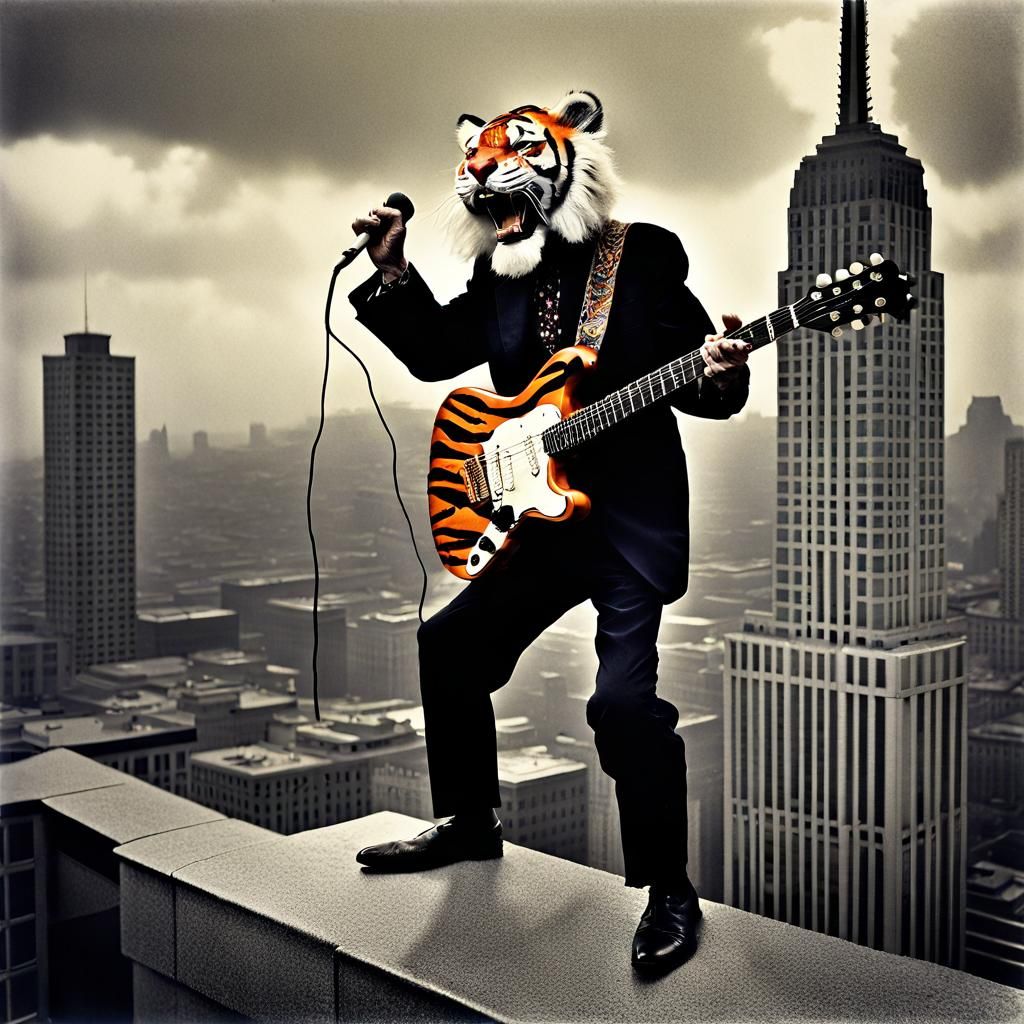 Tiger-Costumed Guitarist on Skyscraper Edge