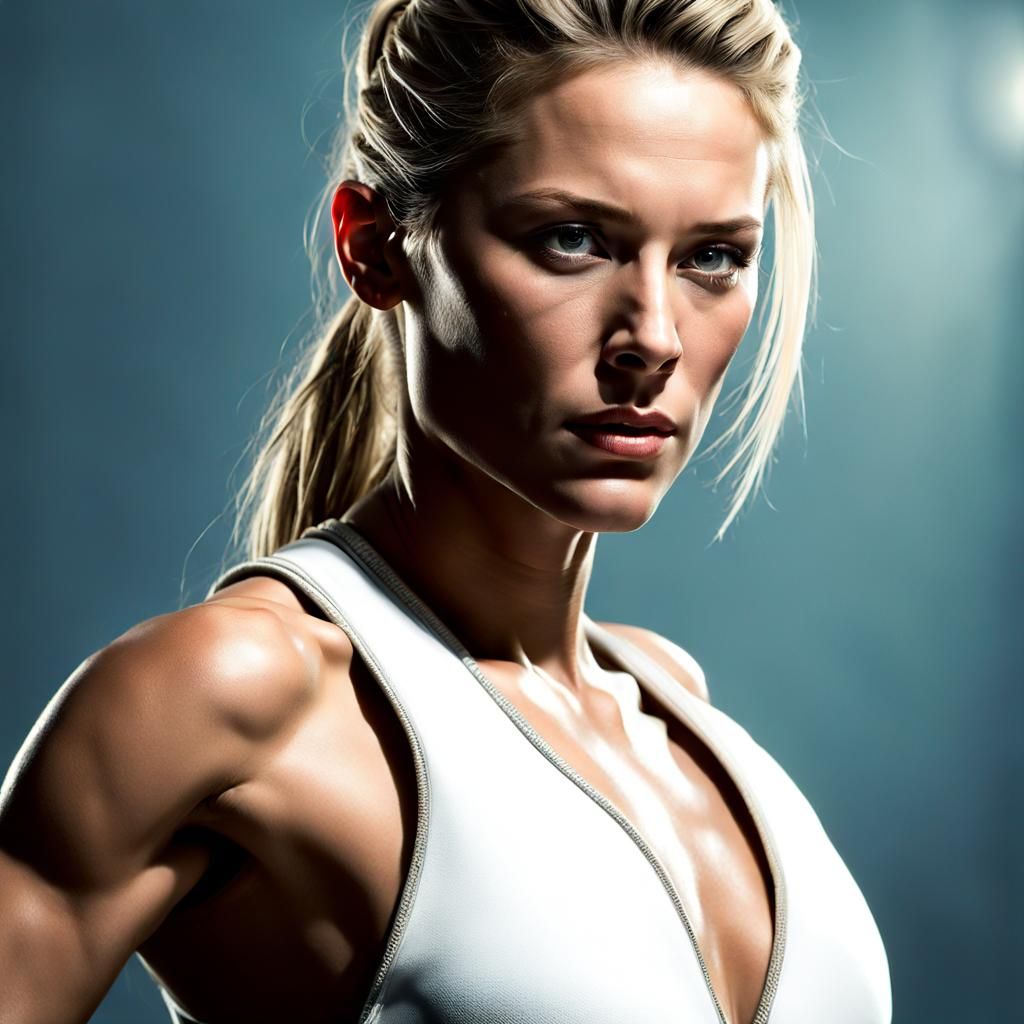 Hyperdetailed Photo of Muscular Blonde Woman in Ponytail