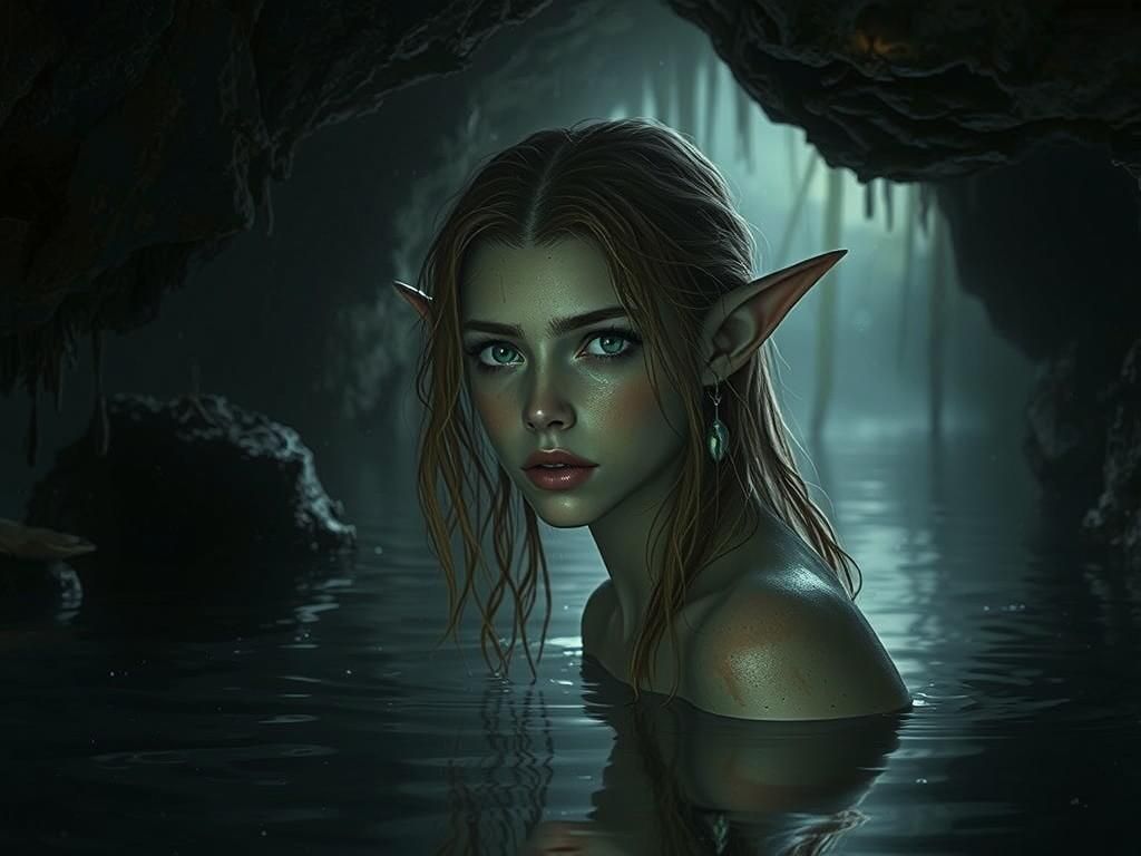 Melancholic Wood Elf in Gloomy Cave Portrait