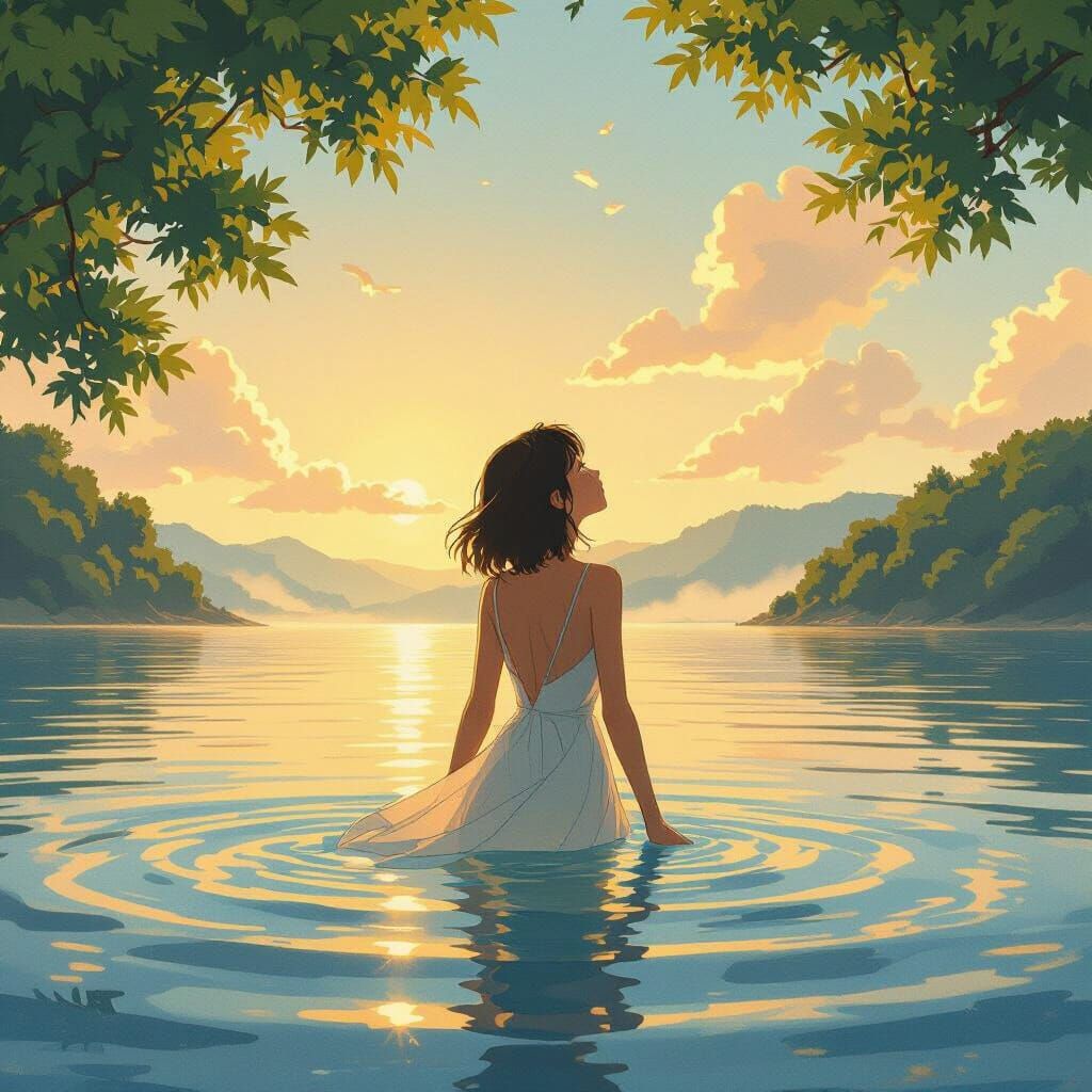 Young Woman Swimming in Ghibli-Inspired Harbor