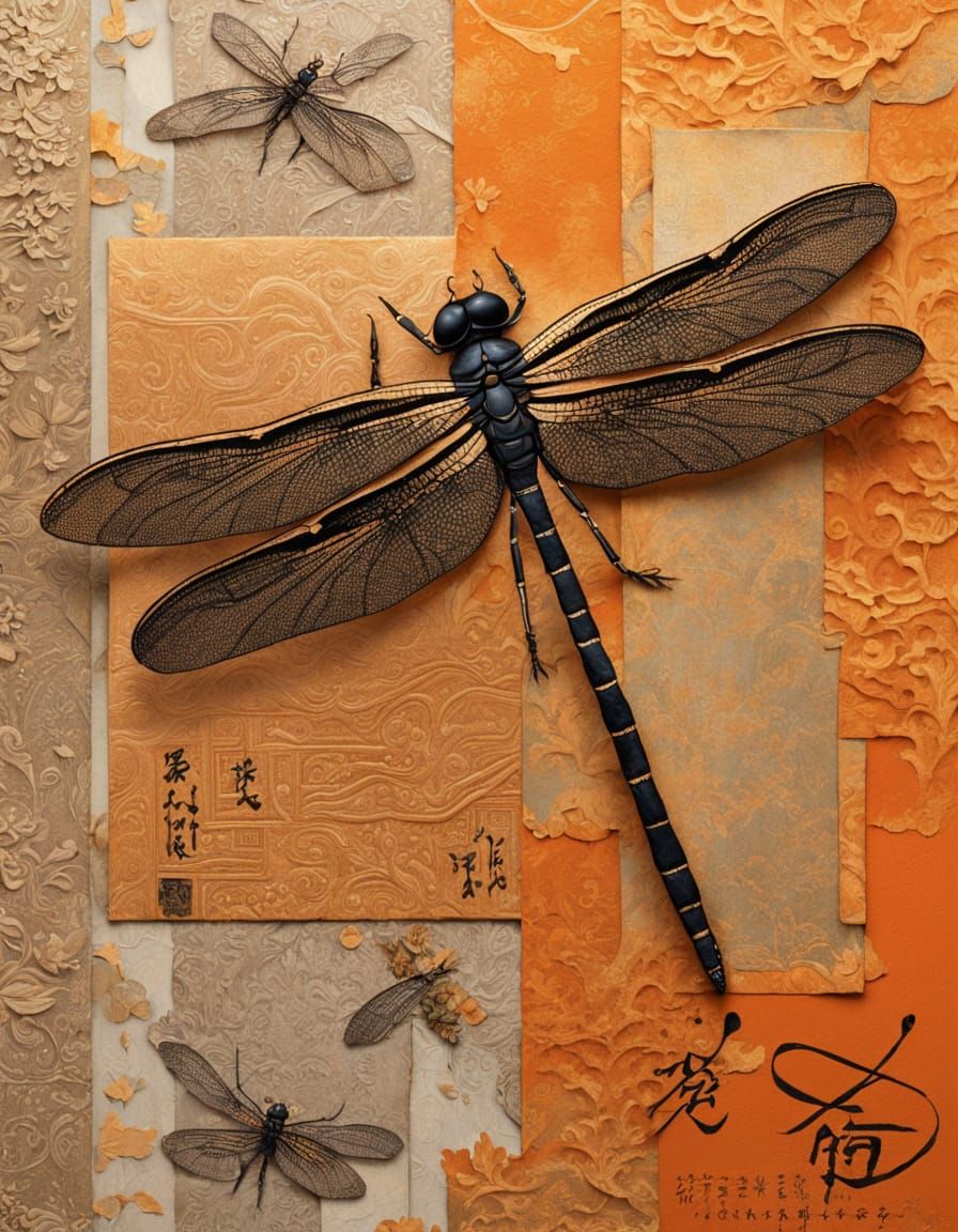 Exquisite Oriental Dragonfly Collage with Intricate Kanji De...