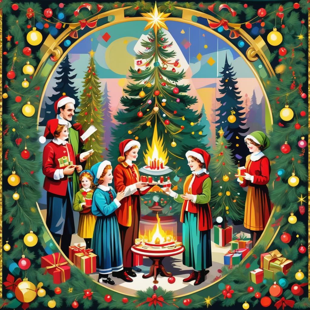 Joyful Victorian Christmas Tapestry in Pop Art Style