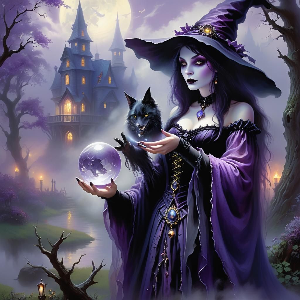 purple goth witch with crystal ball, fog