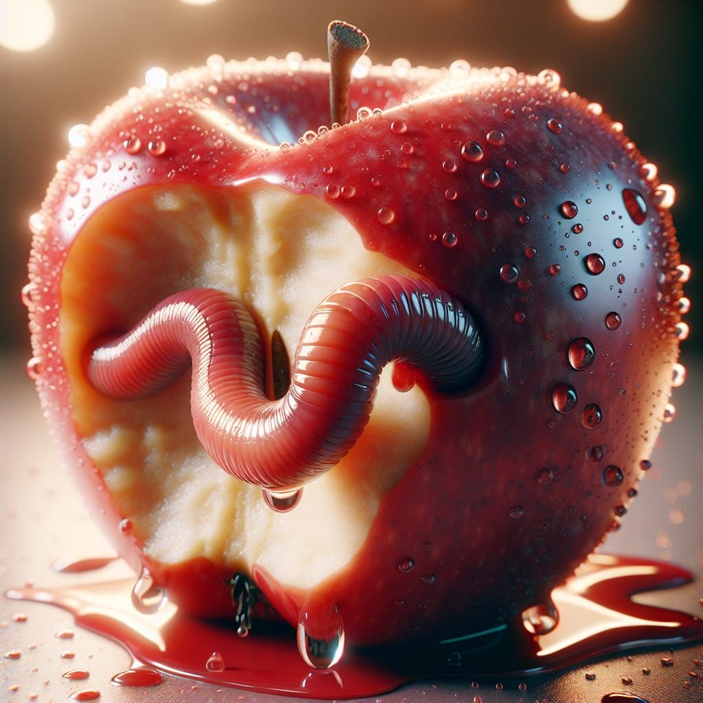 Hyperrealistic Red Apple with Worm in Vivid Detail