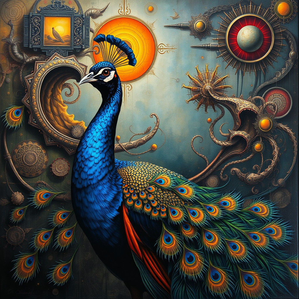 Majestic Peacock in Surreal Impasto Art Deco Style