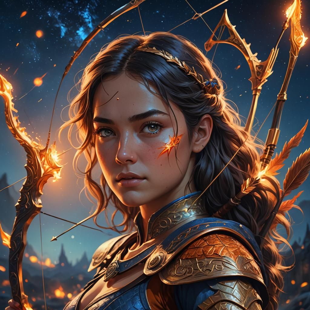 Archer Woman in Starry Night: Surreal Fantasy Art