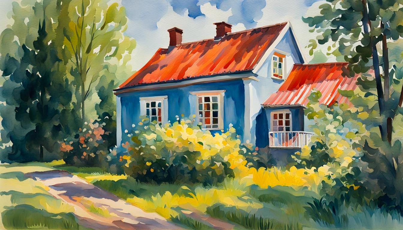 Swedish Country House in Gouache Watercolor Style