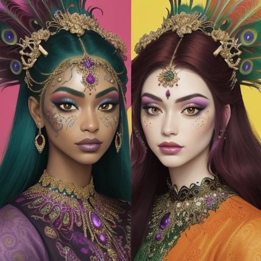 Abstract Expressionist Women with Peacock Feathers