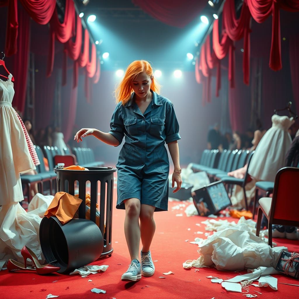Disheveled Cleaning Lady amidst Haute Couture Ruins