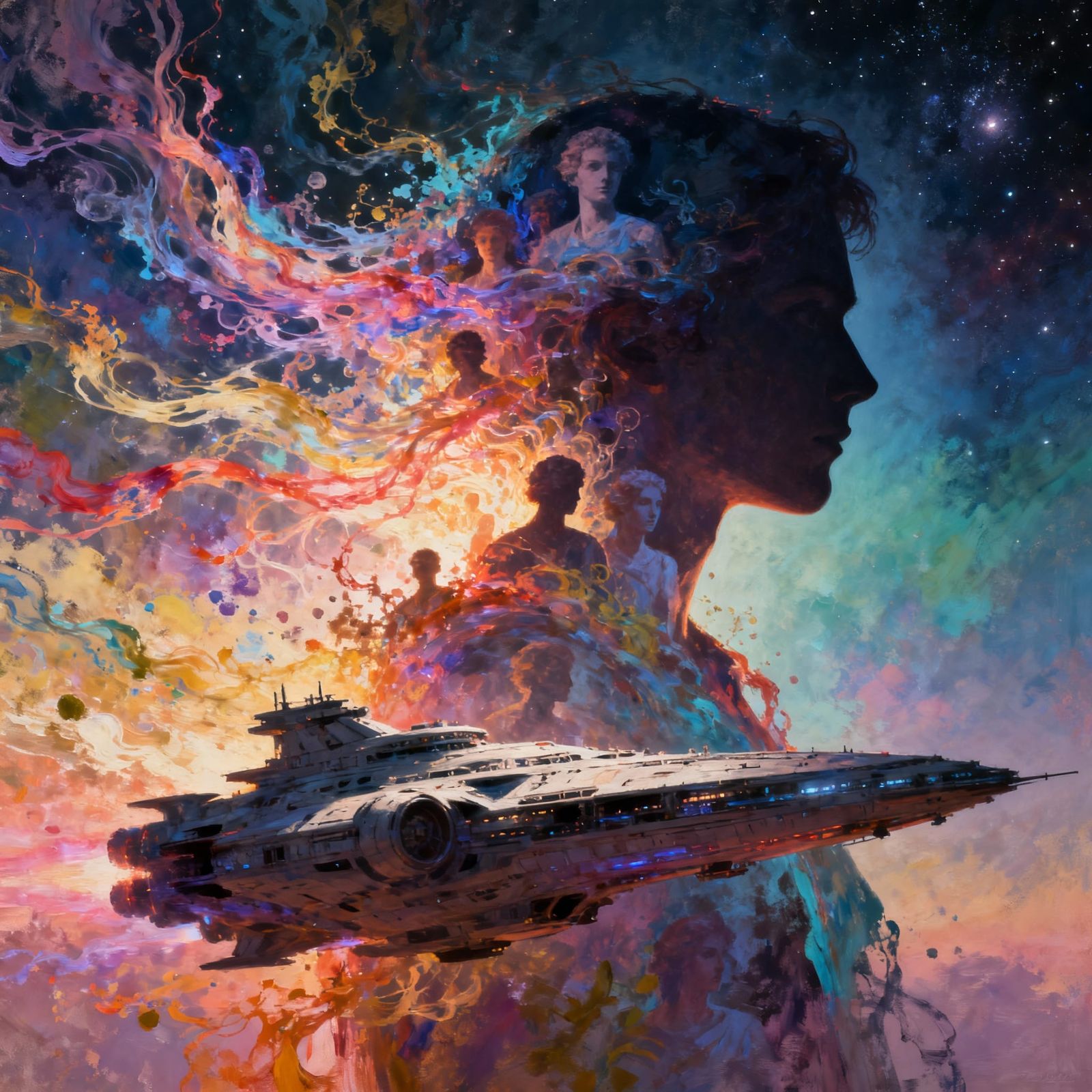 Surreal Spaceship Double Exposure with Fractal Colors