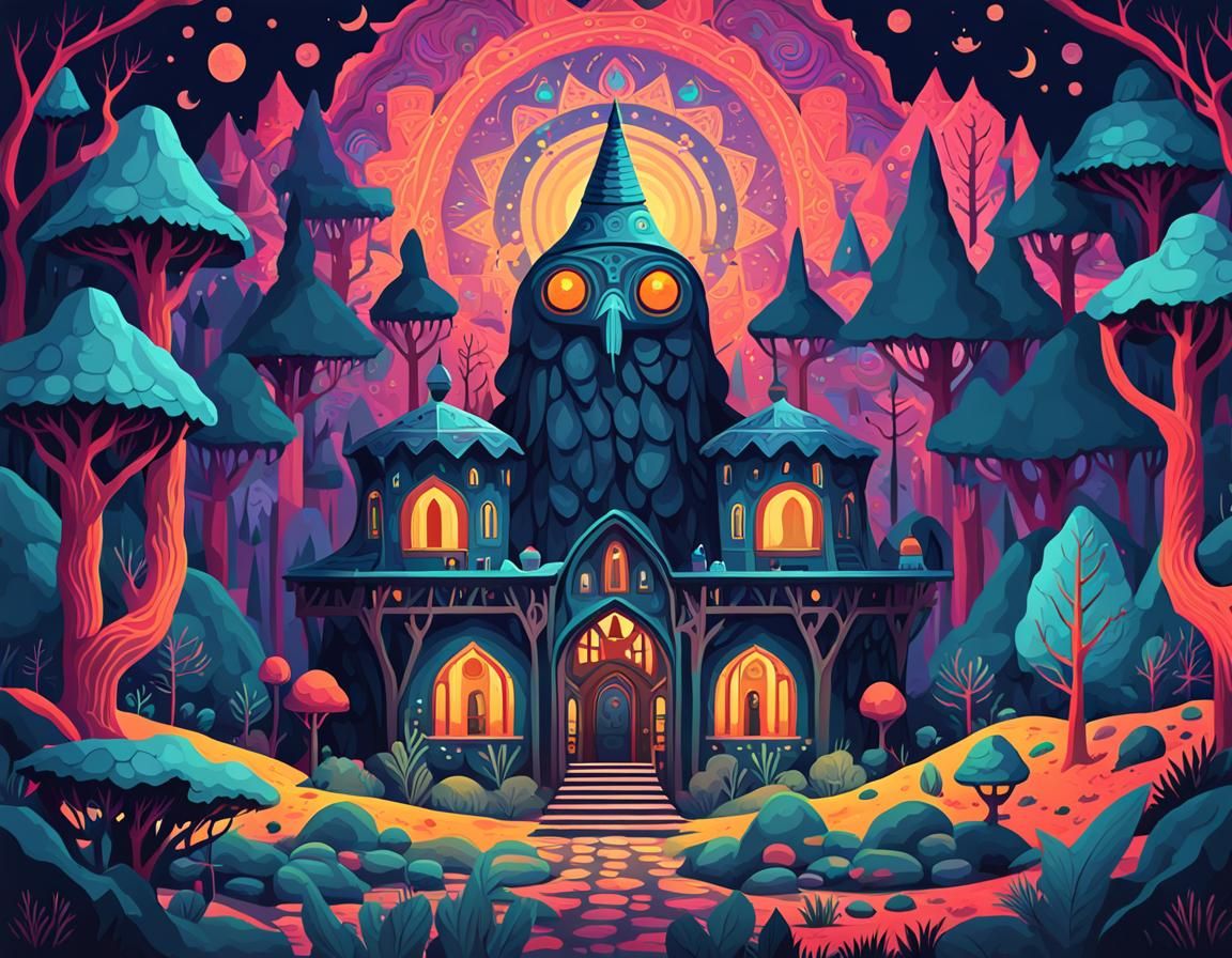 Mothman in Psychedelic Forestpunk Landscape