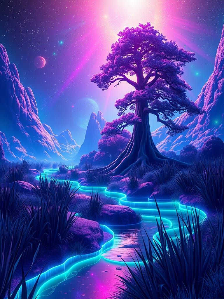Neon Dreamscape with Glowing Rivers and Liquid Sequoia