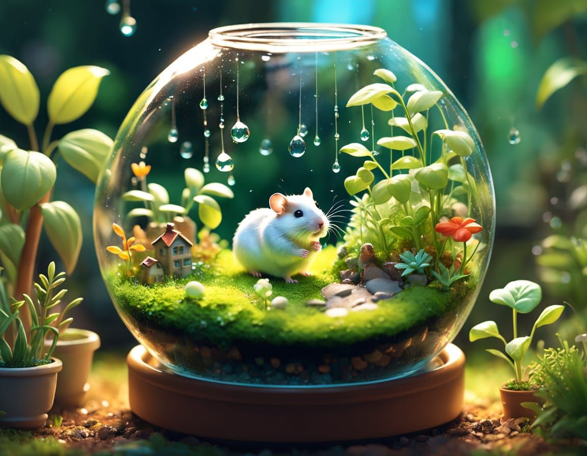Hamster Tends Miniature Garden in Terrarium Concept Art