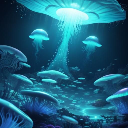 Glowing Jellyfish Swarm in Bioluminescent Deep Sea