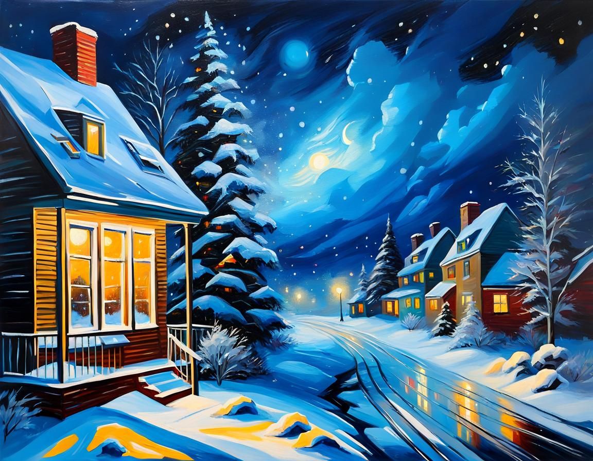 Blizzard Night Oil Painting Through Window