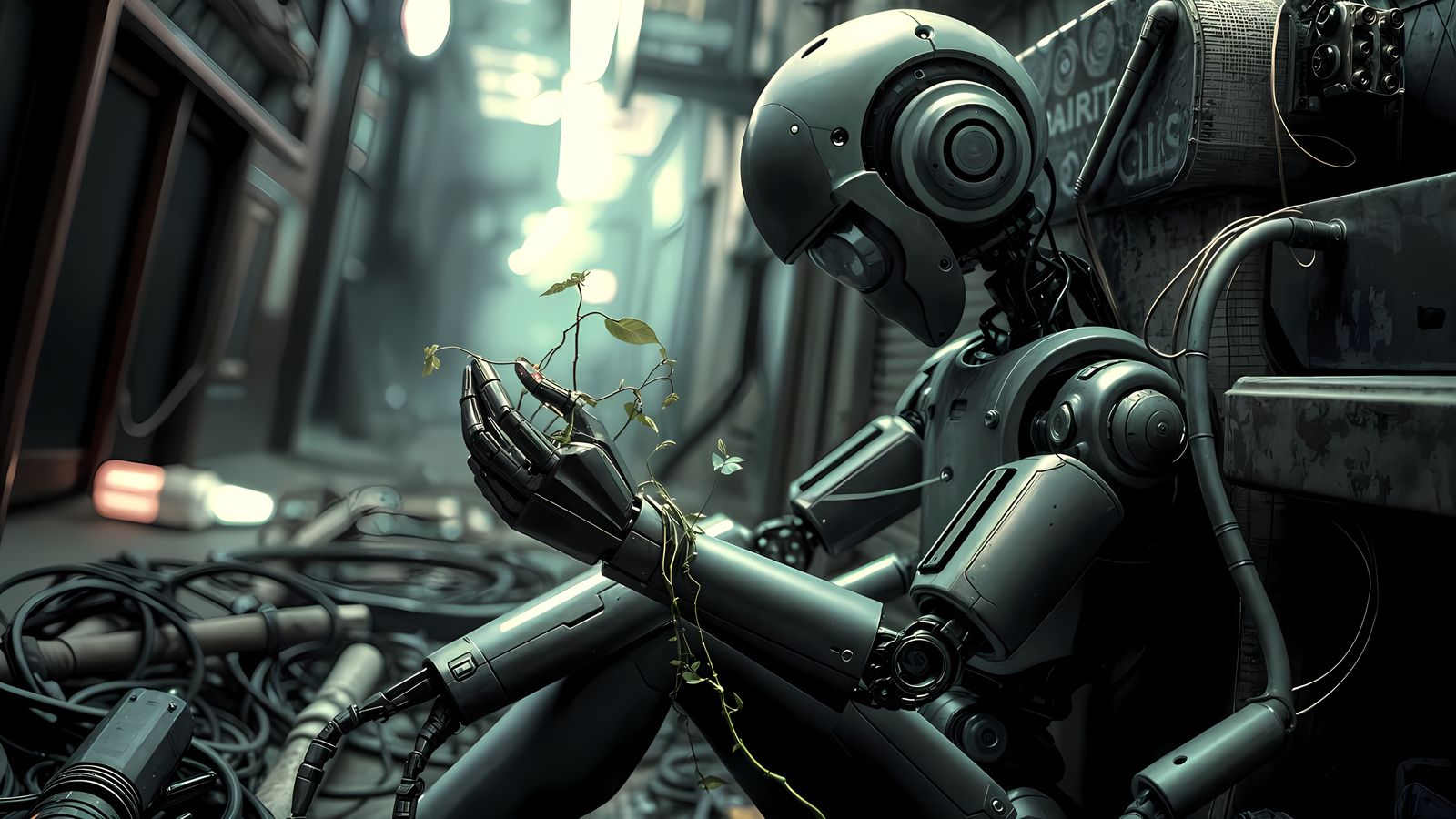 Young Droid Humanoid Surrounded by Botanical Growth in Cyber...