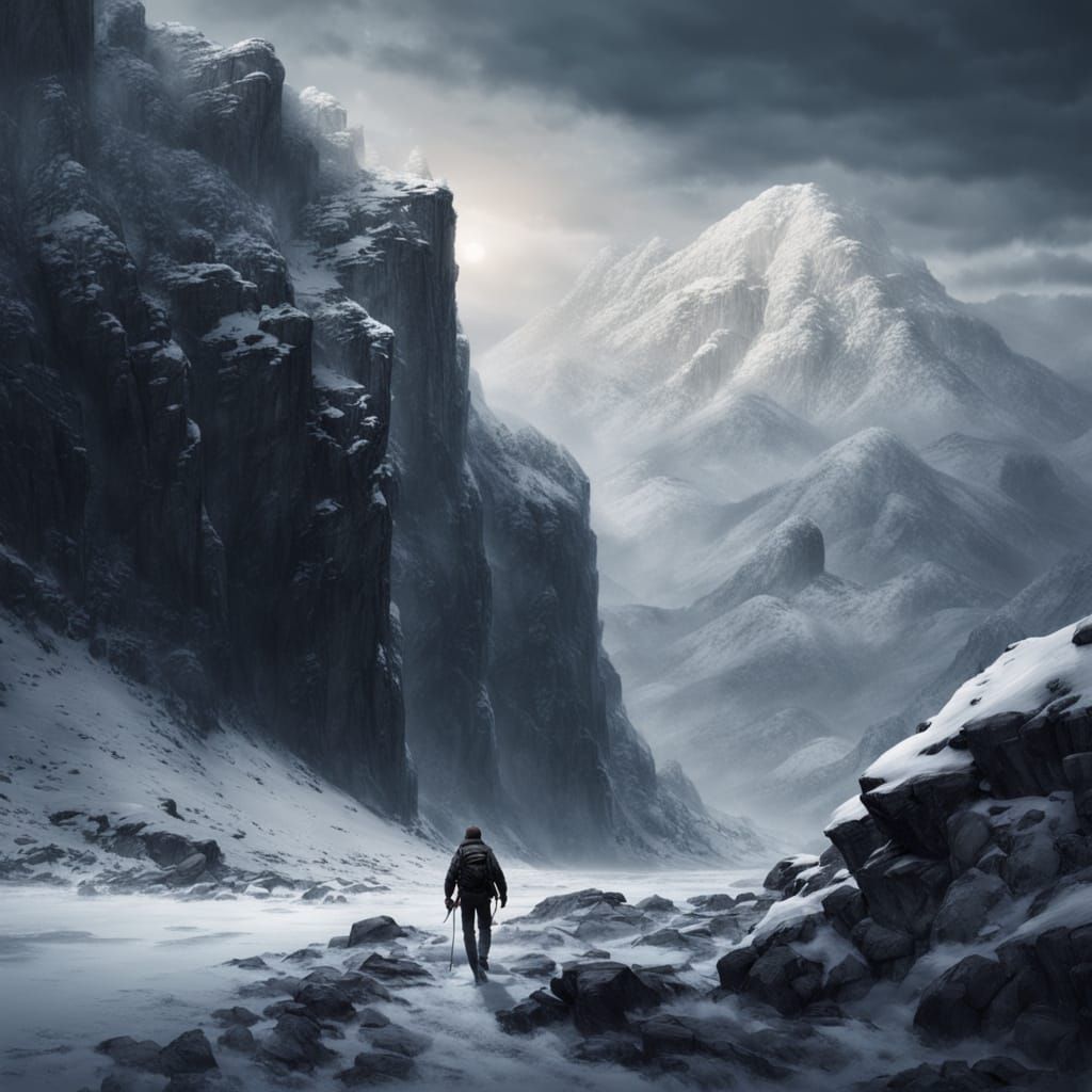 Lone Climber Ascends Moody Black Cliffs in Epic Landscape