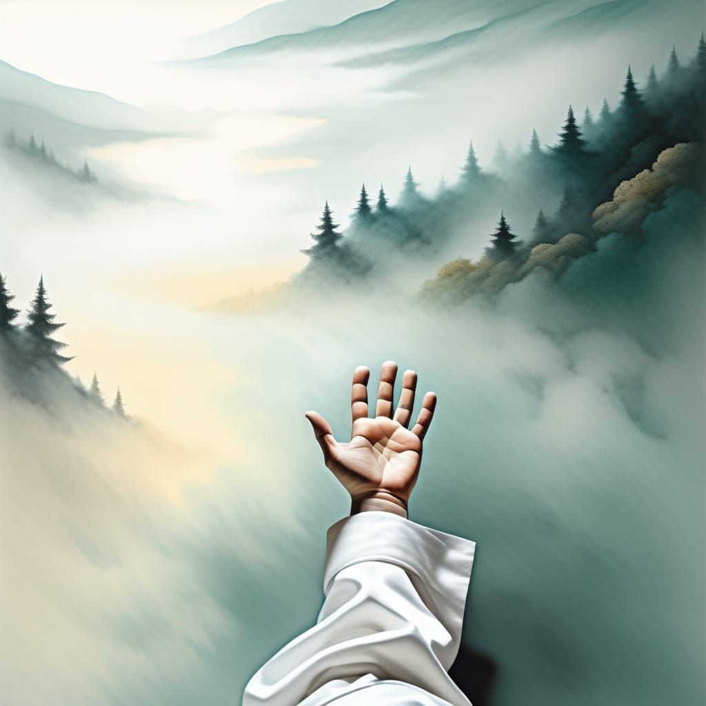 A hand reaches down from a white cassock to meet the outstre...