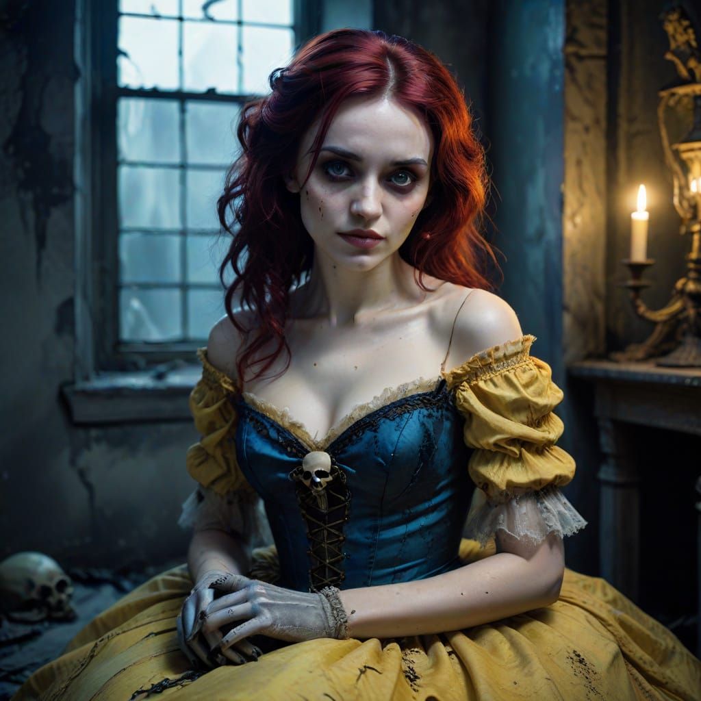Gothic Horror Portrait in a Decaying Yellow Ball Gown