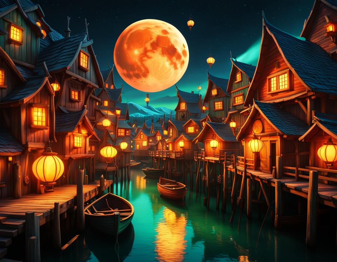 Fantasy Fishing Village Under Aurora, Dreamcore Painting