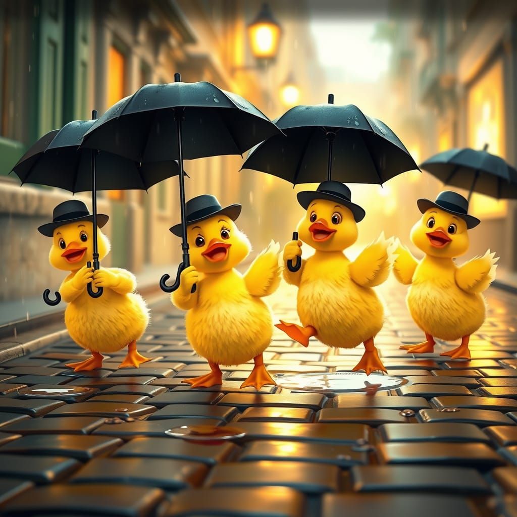 Pixar-Style Ducks Dancing in the Rain