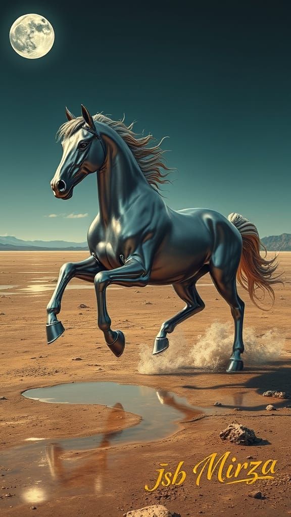 Surrealistic Liquid Metal Horse in Dreamlike Landscape