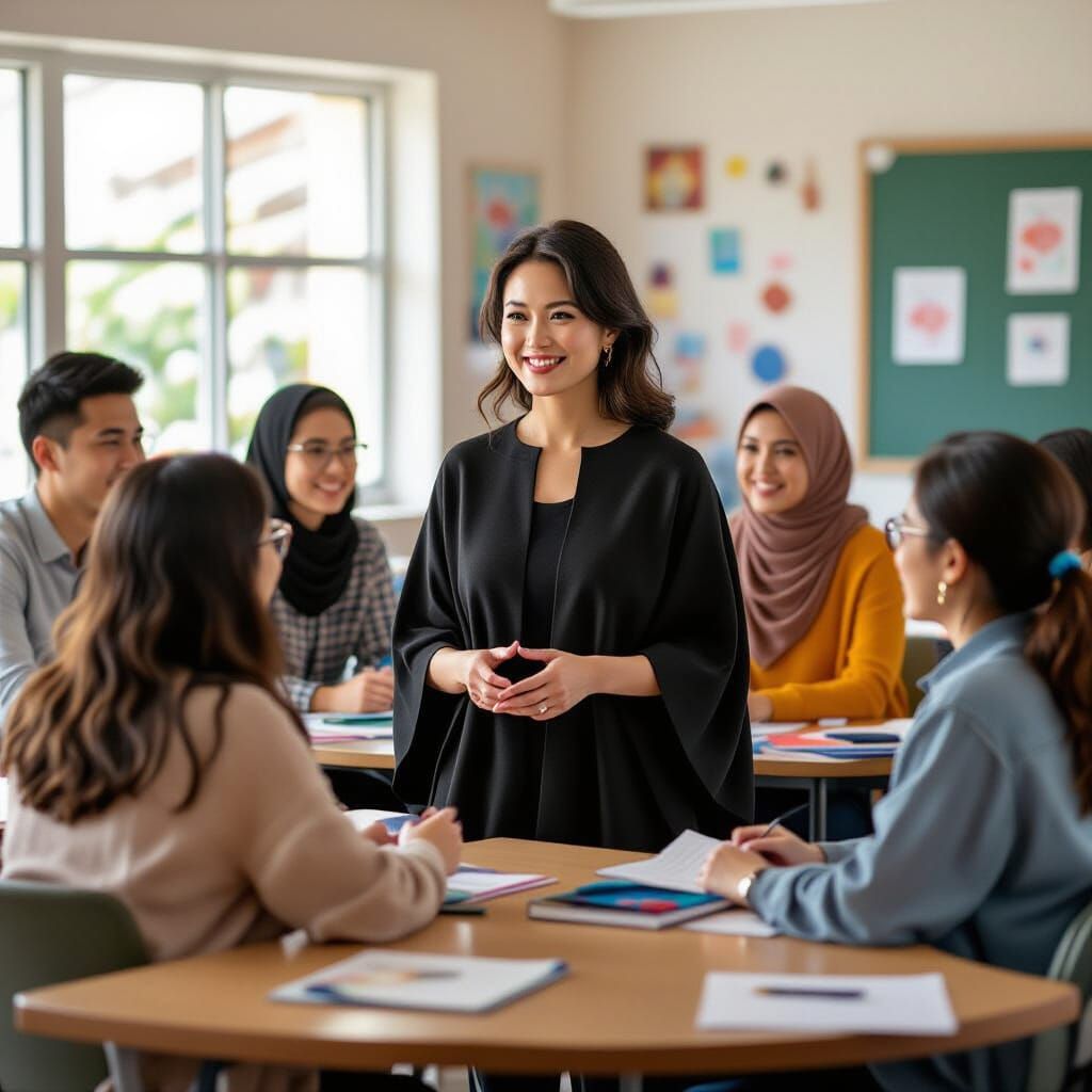 Diverse Students with Teacher in Digital Painting Style